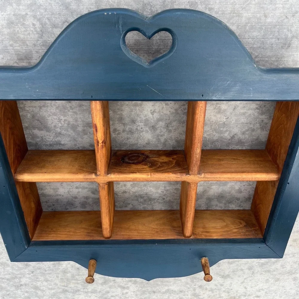 Vintage Wooden Shadow Box Wall Shelf Heart Cutout Navy Blue 6 Cubby 2 Pegs